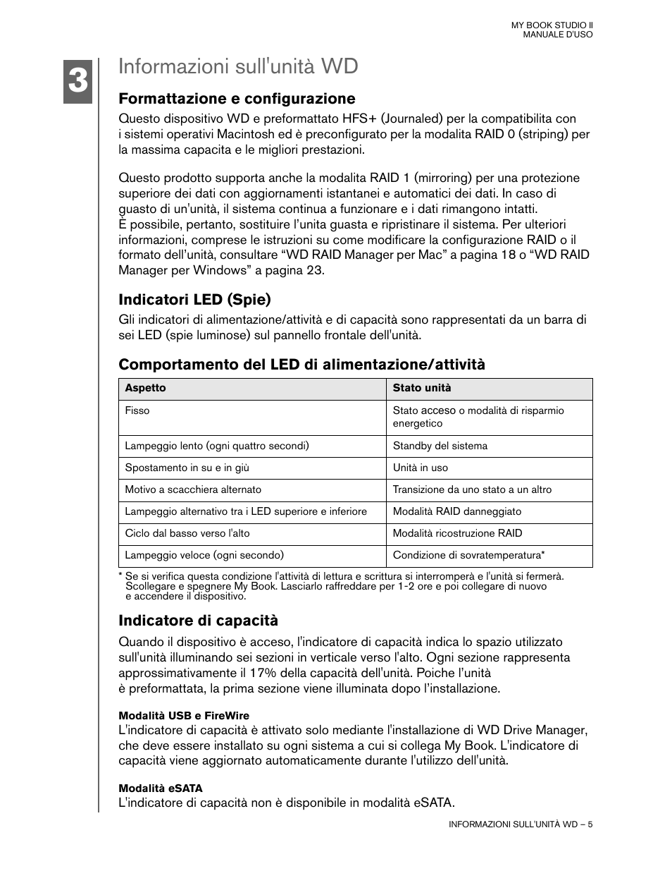 Informazioni sull'unità wd, Formattazione e configurazione, Indicatori led  (spie) | Western Digital My Book Studio Edition II User Manual Manuale  d'uso | Pagina 8 / 39 | Modalità originale